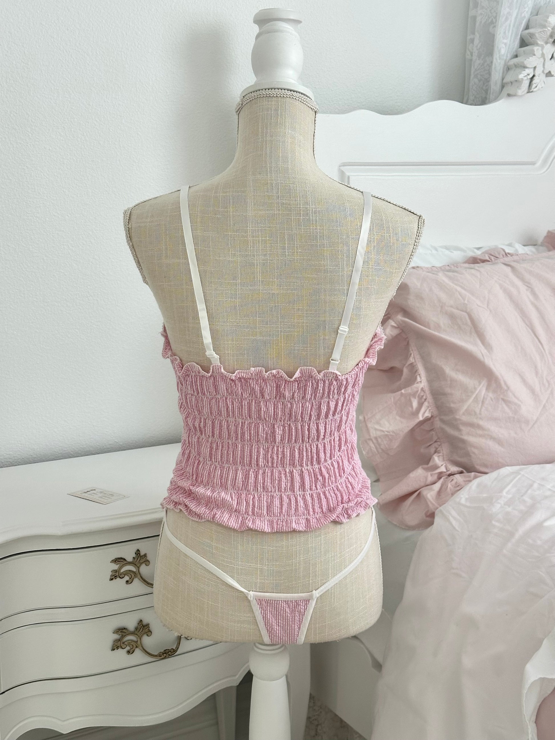 Vintage 1970s Pink Stripe Corset Lingerie Set with Thong Size: S