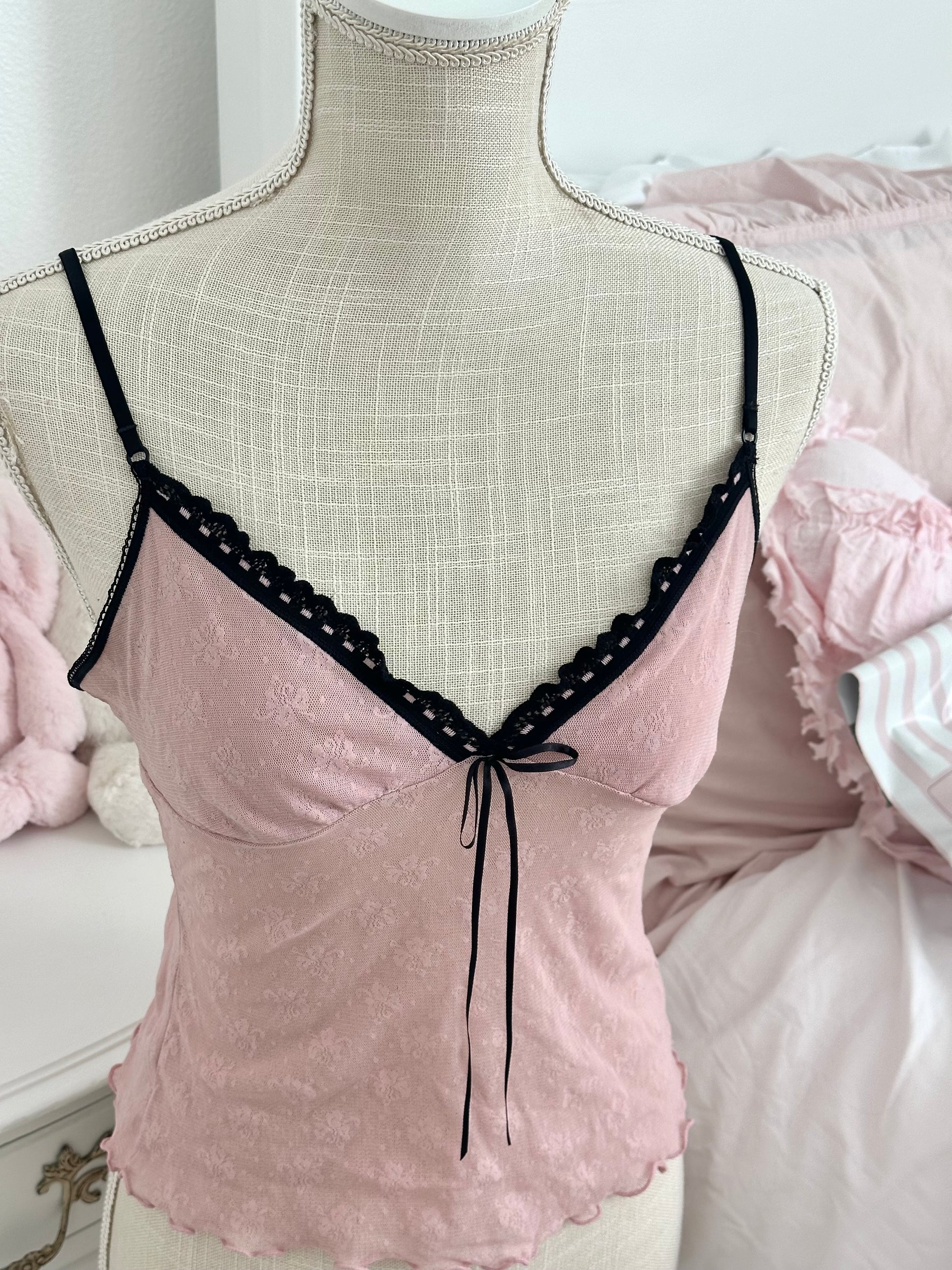 Vintage 2004 Victoria’s Secret Pink Sheer Cami Top with Black Lace Size: M