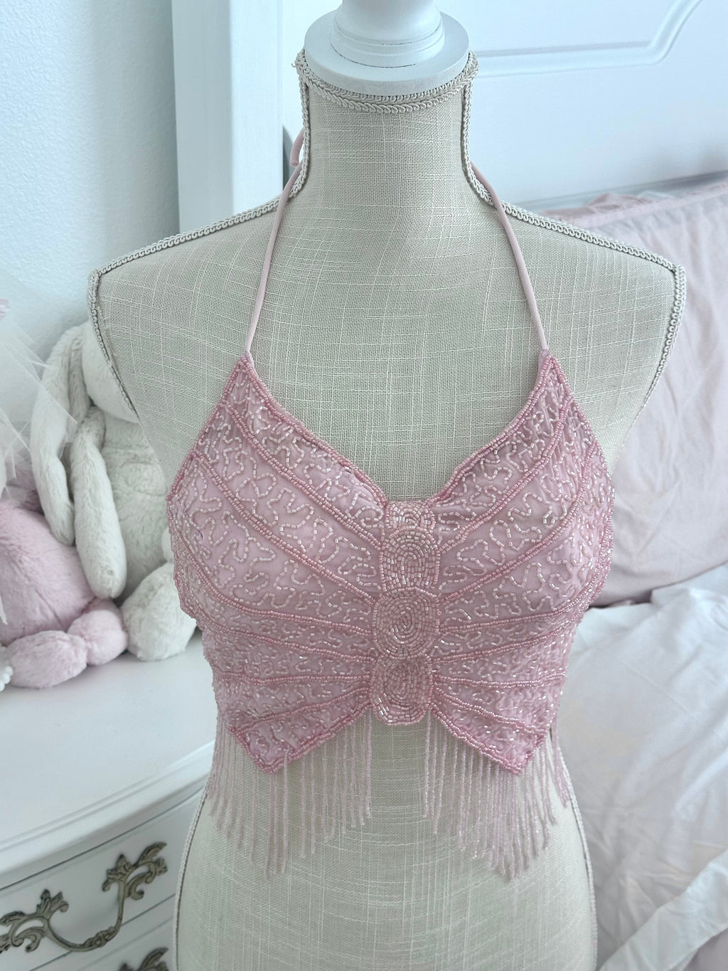Vintage 1990s Pink Sequin Beaded Butterfly Halter Top XS–M