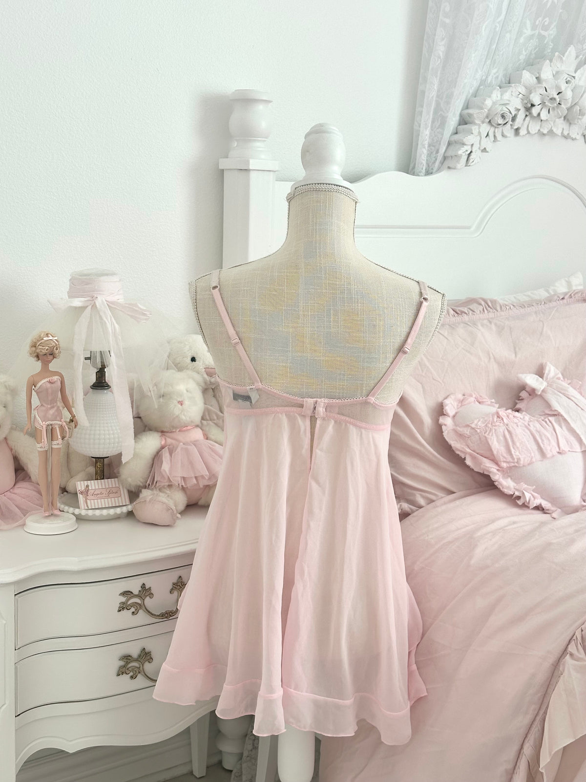 Vintage Delicates Pink Lace Ruffle Babydoll Slip Dress Size M