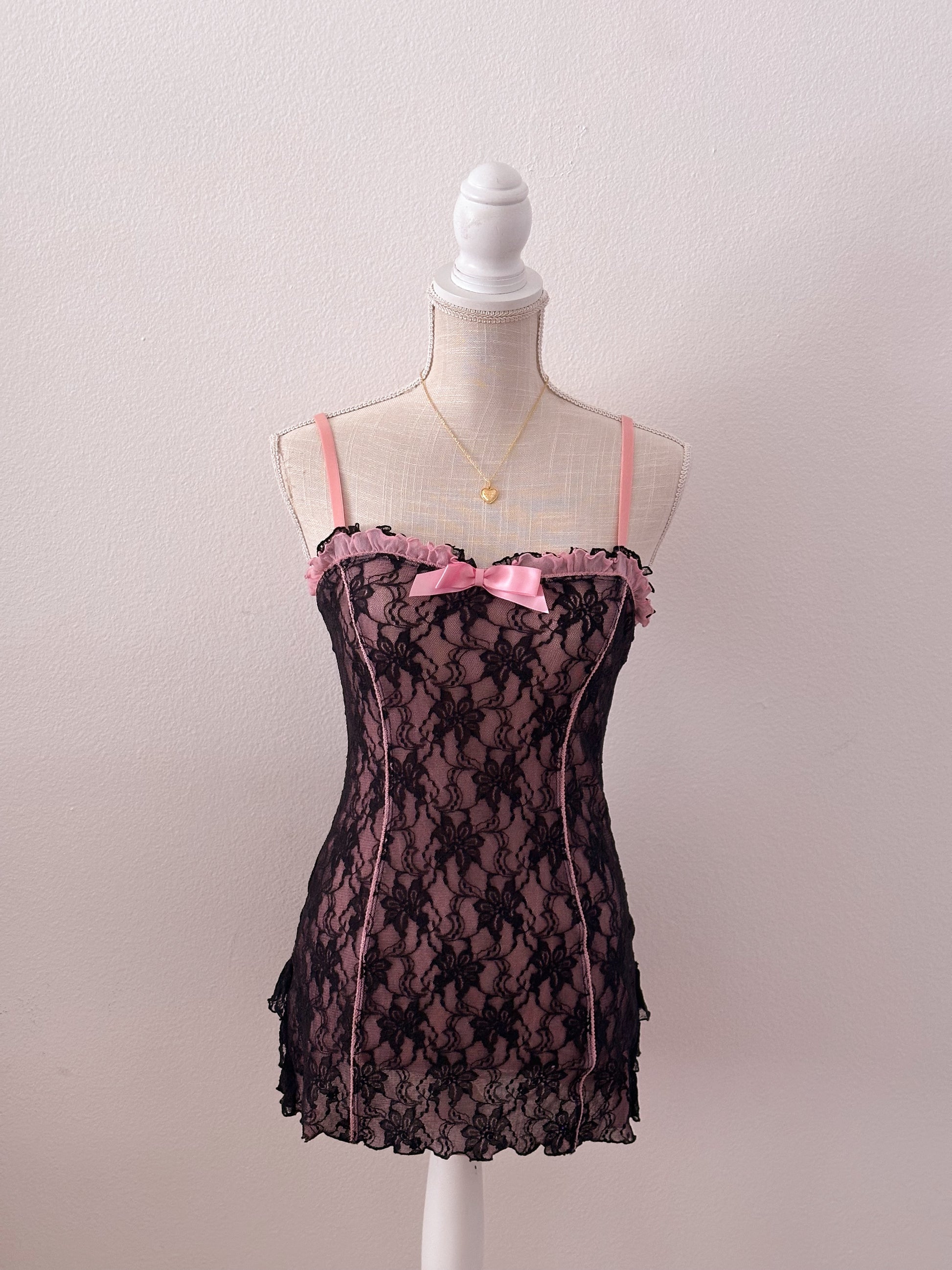 Vintage Victoria's Secret pink and black baby dolls slip dress nightgown sizs: xs