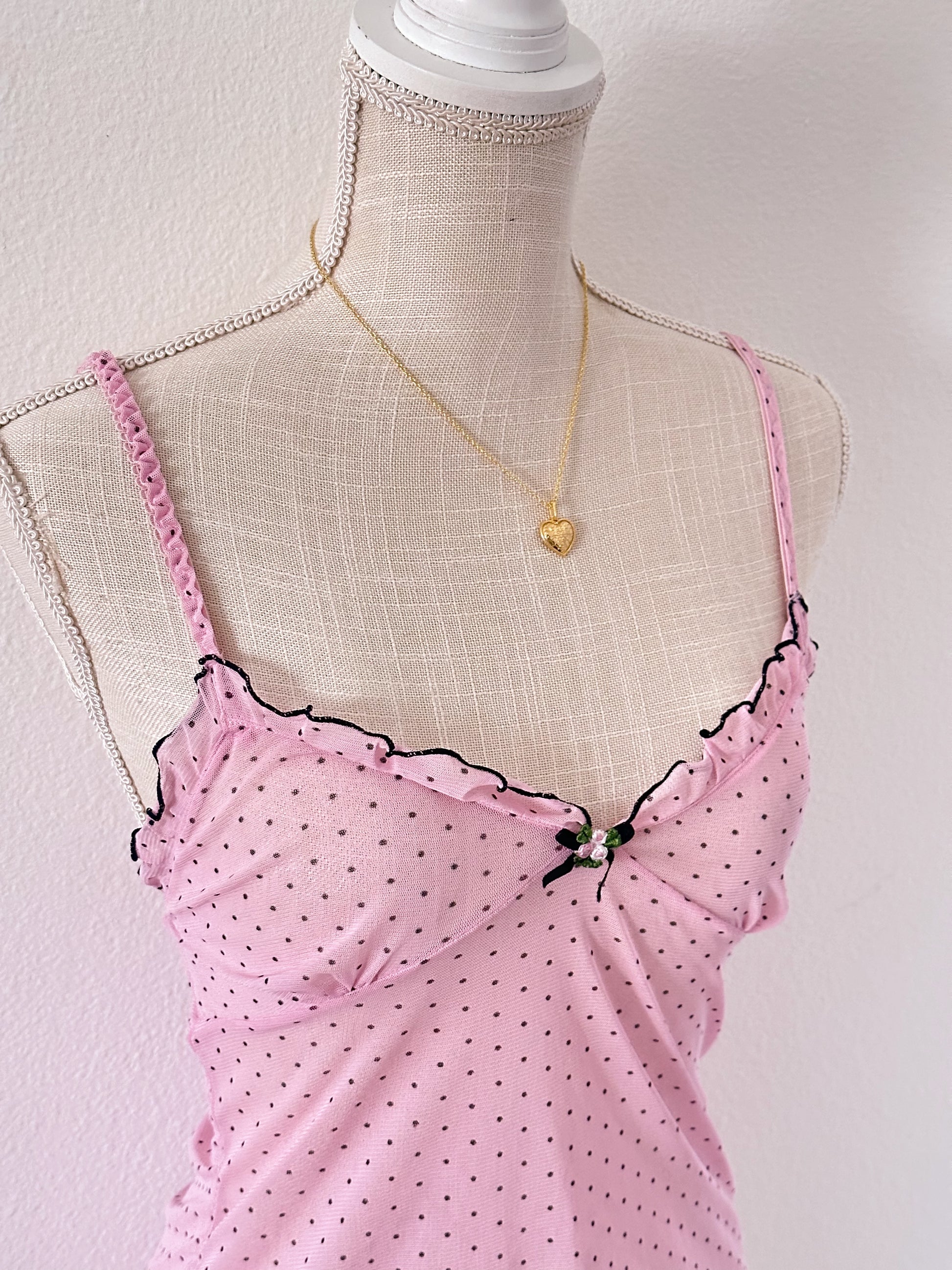 Vintage Y2K pink sheer polkadot cami top Size: M