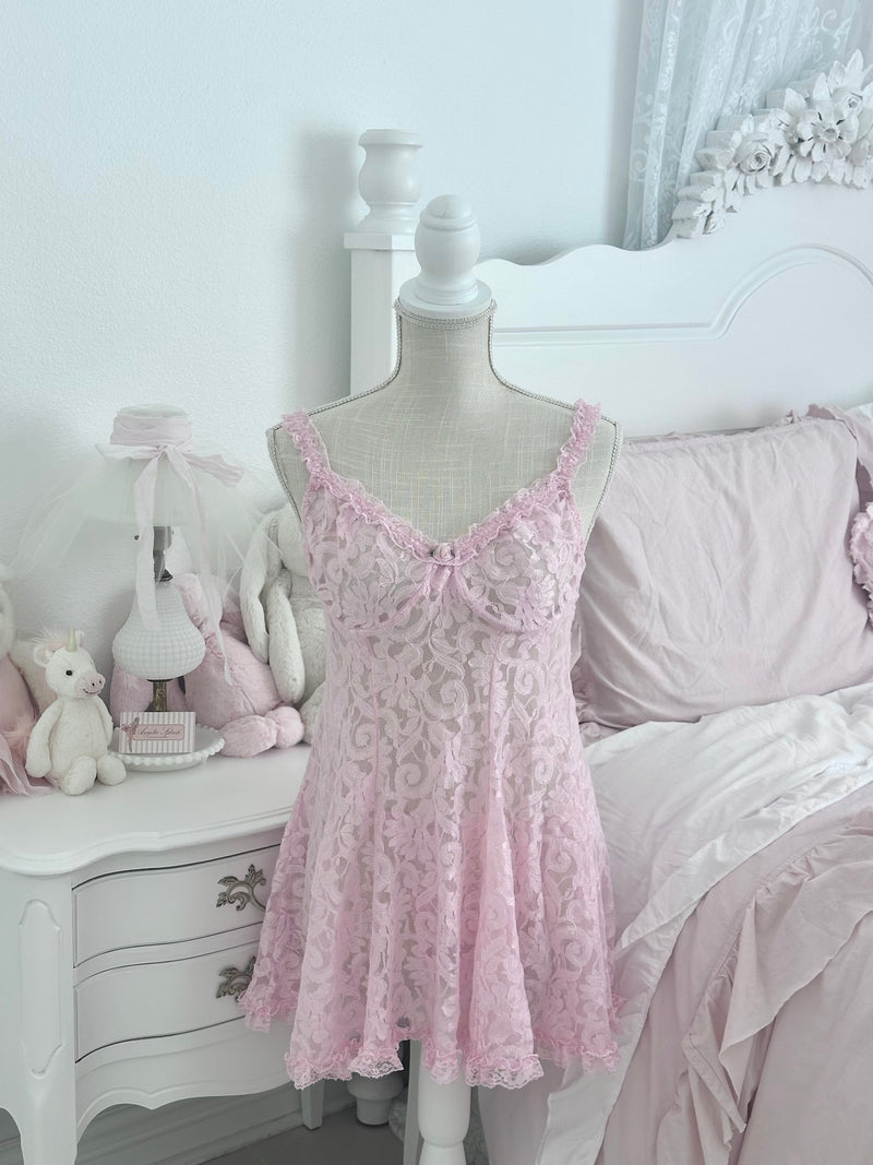 Vintage Y2K Private Luxuries Pink Lace Sheer Babydoll Slip Dress set Size: M