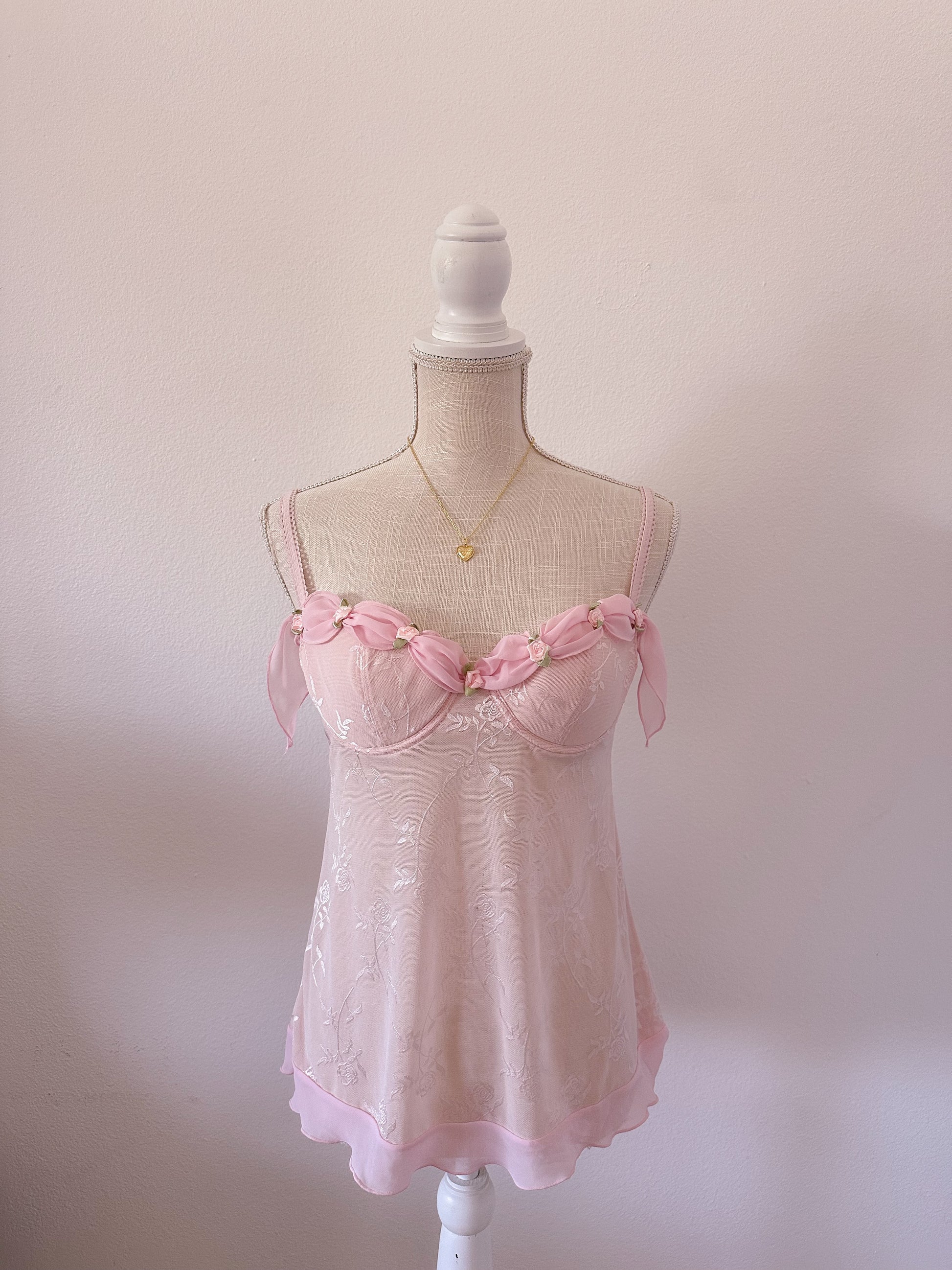 Vintage pink rosette rampage bustier cami babydoll top size: Small