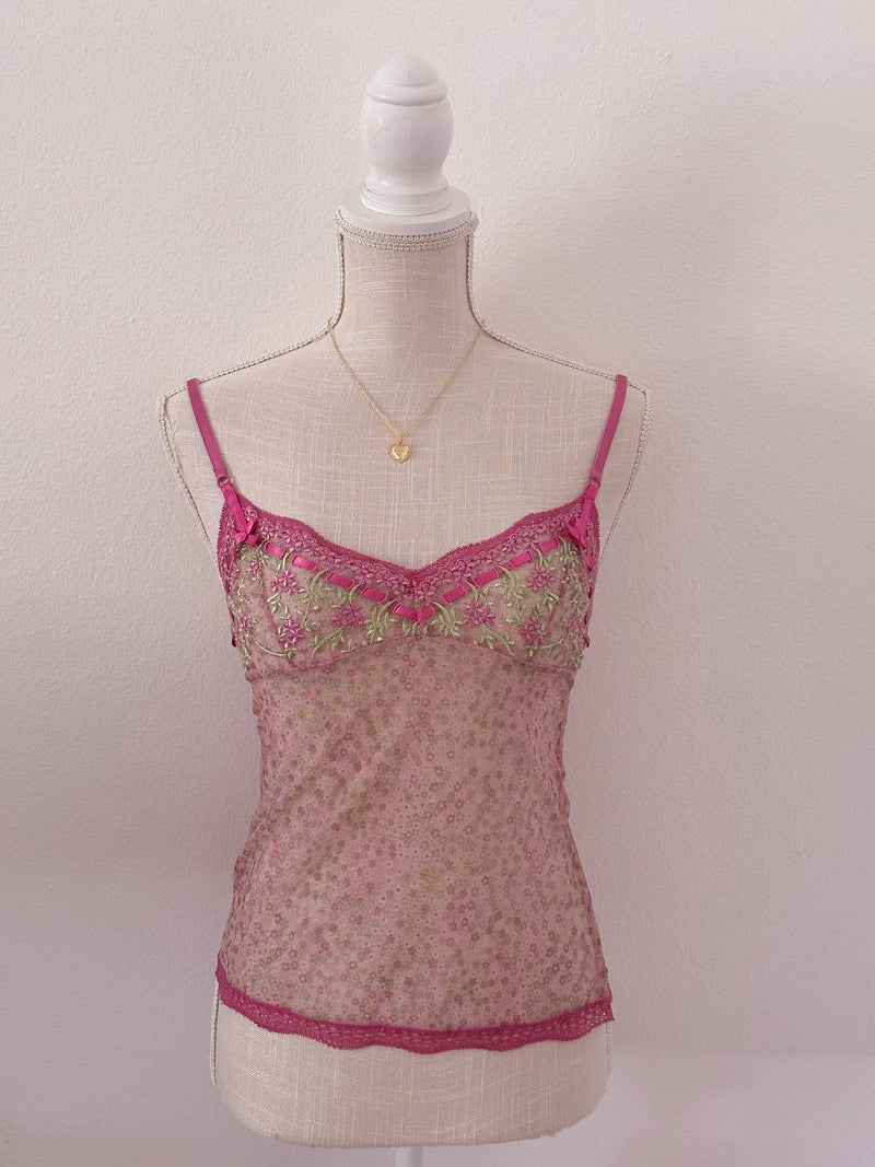 Vintage Victoria's Secret, pink and green, sheer viral cami size: S