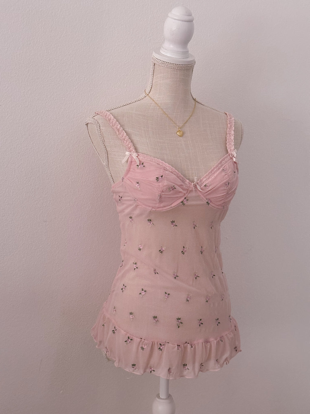 Vintage pink floral babydoll cami bustier top shabby chic