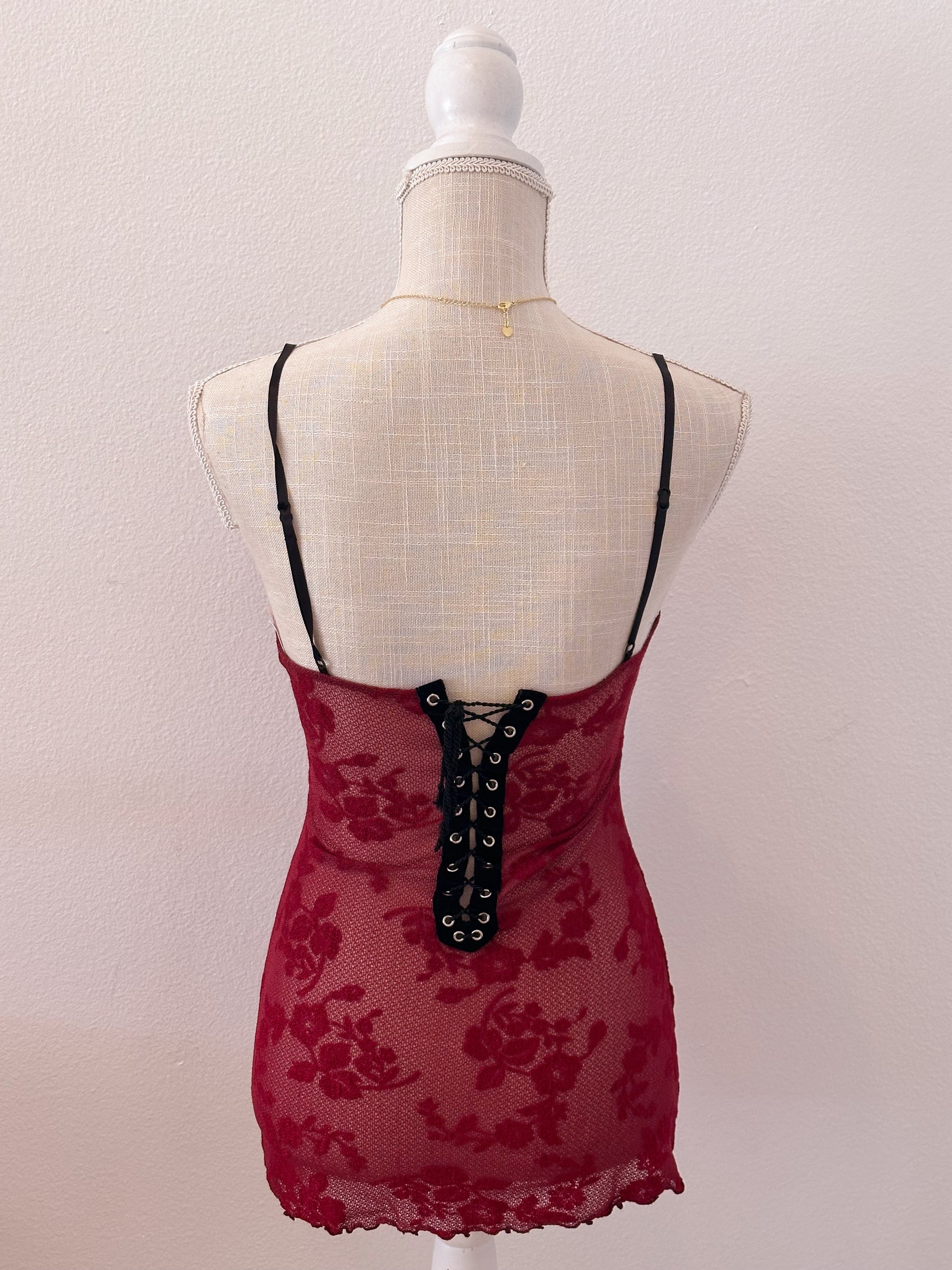 Vintage Victoria's Secret, red lace up babydoll 2 piece set Size: XS