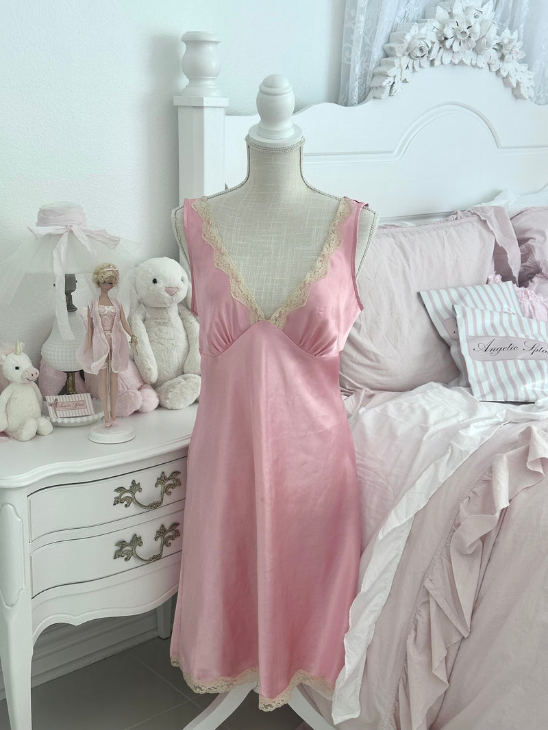 Vintage 2005 Victoria’s Secret Pink Slip Dress with Nude Lace Trim Size: M