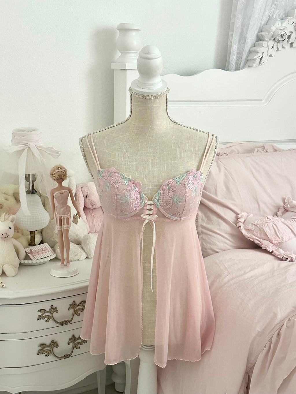 Vintage Inner Secrets Pink Floral Embroidered Babydoll Top Size: S