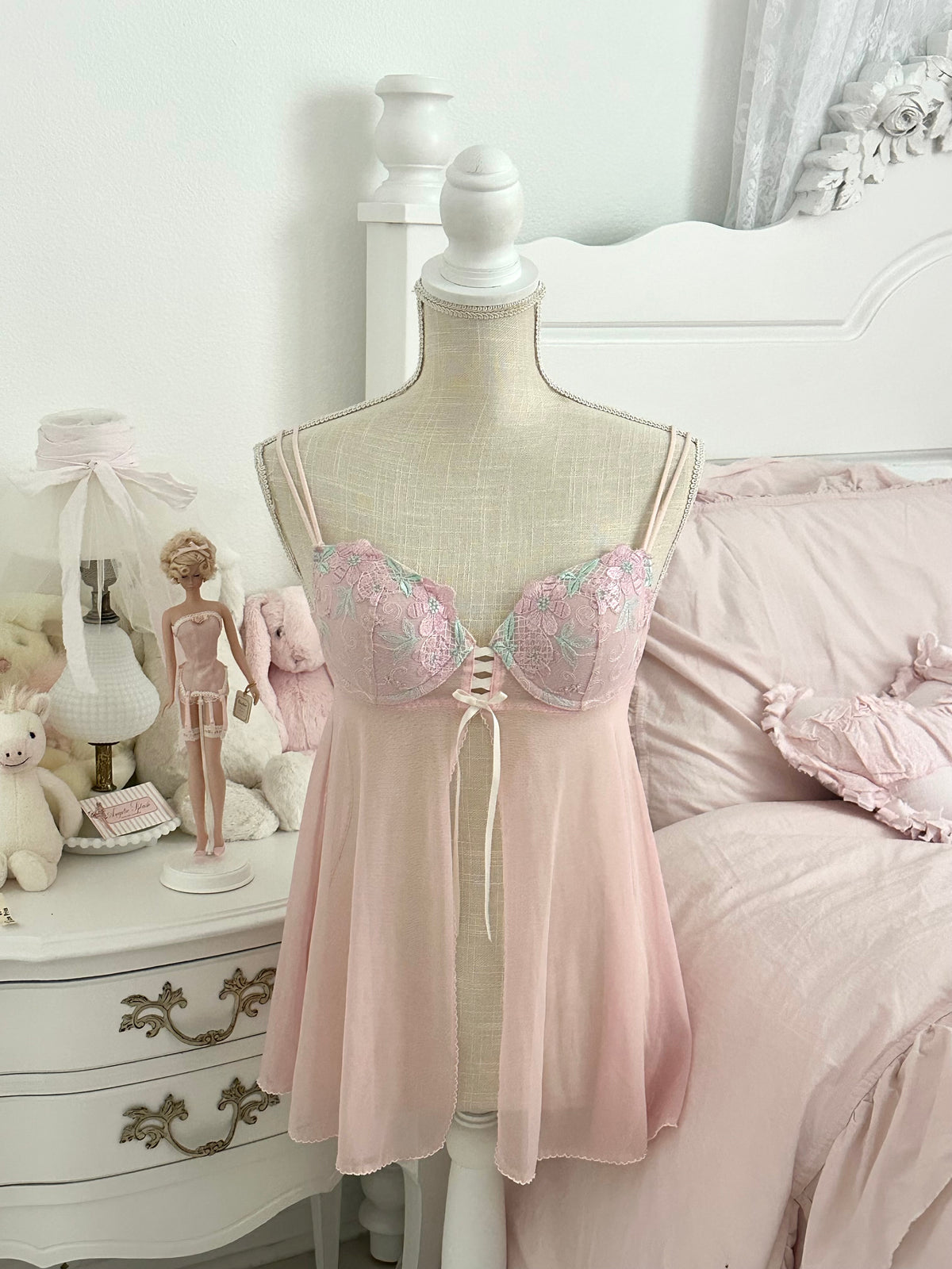 Vintage Inner Secrets Pink Floral Embroidered Babydoll Top Size: S