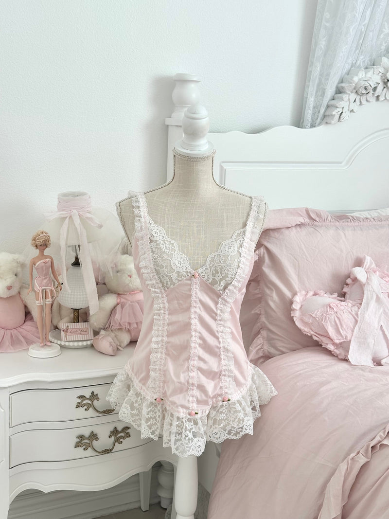 Vintage 1980s Tosca Pink Satin & White Lace Cami Top S/M