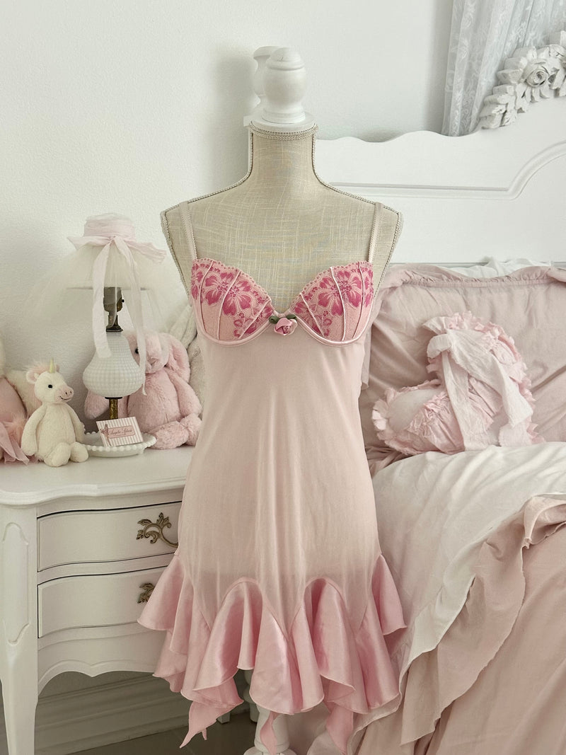 Vintage Delicates Pink Rose Babydoll Slip Dress Size: M/L