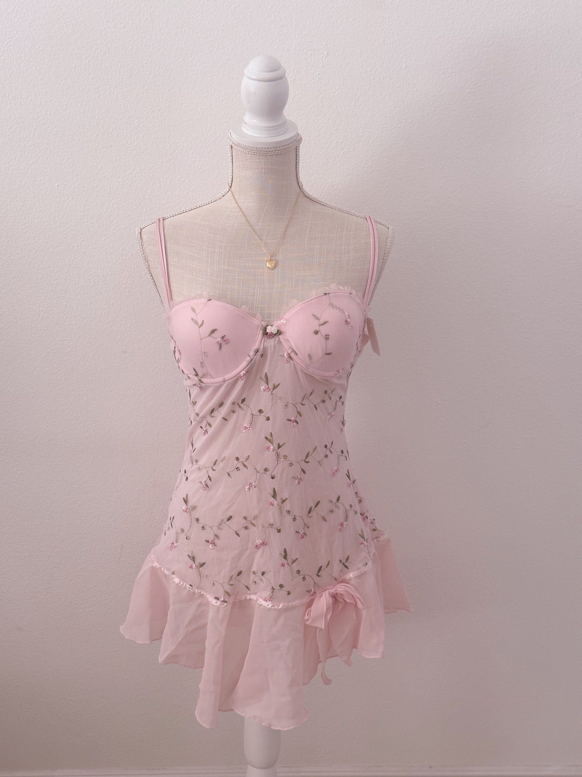 Vintage Blue shabby chic floral Babydoll slip dress size: M