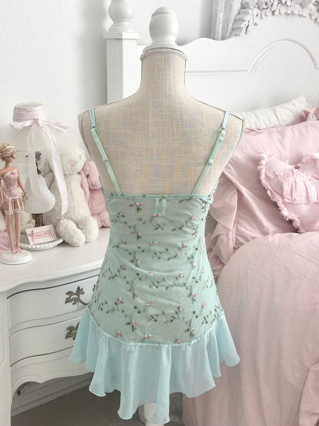 Vintage Teal Floral Embroidered Babydoll Slip Dress Size: M