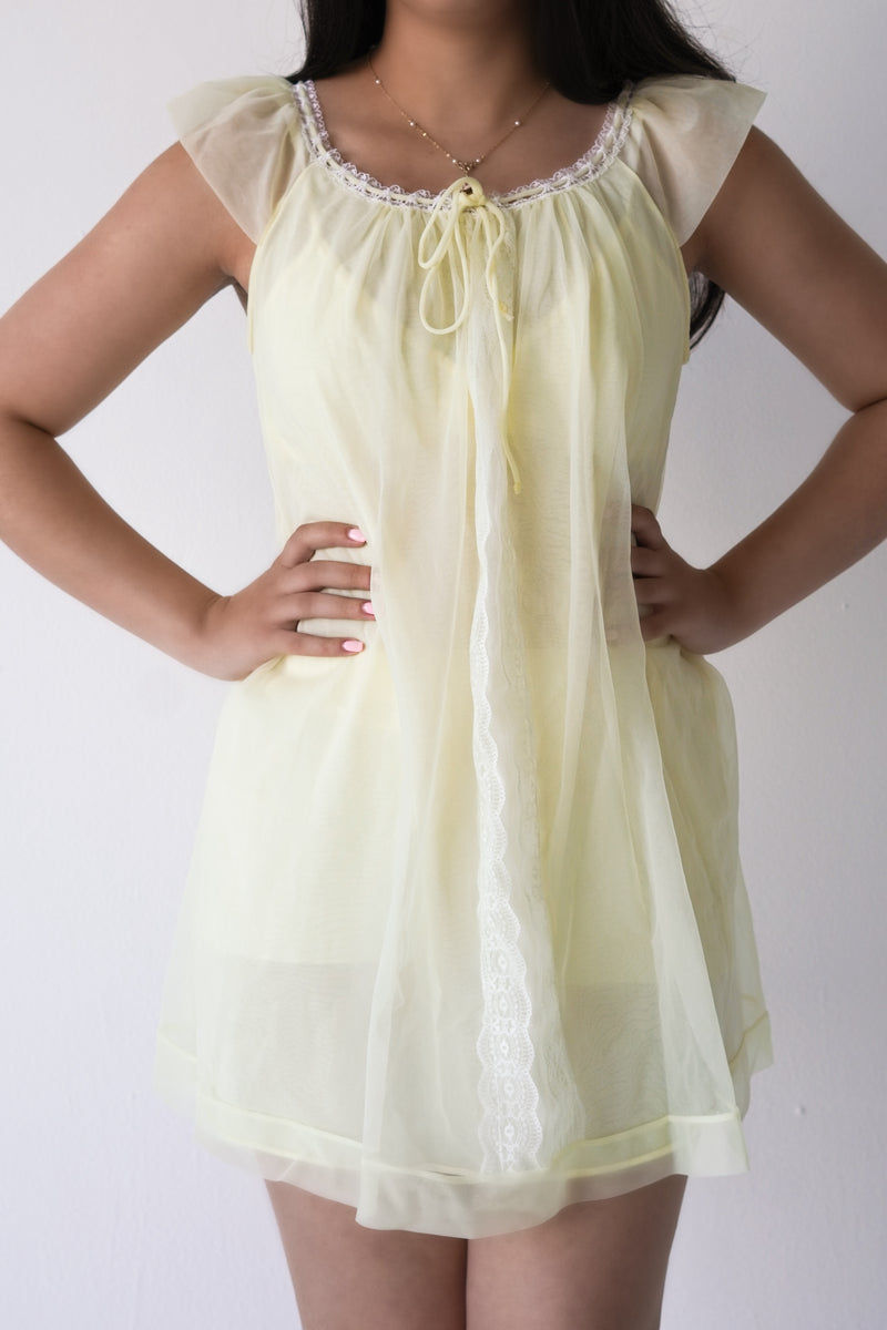 Authentic 1950s Yellow Nylon Sheer Peignoir Babydoll Slip Dress Size: S