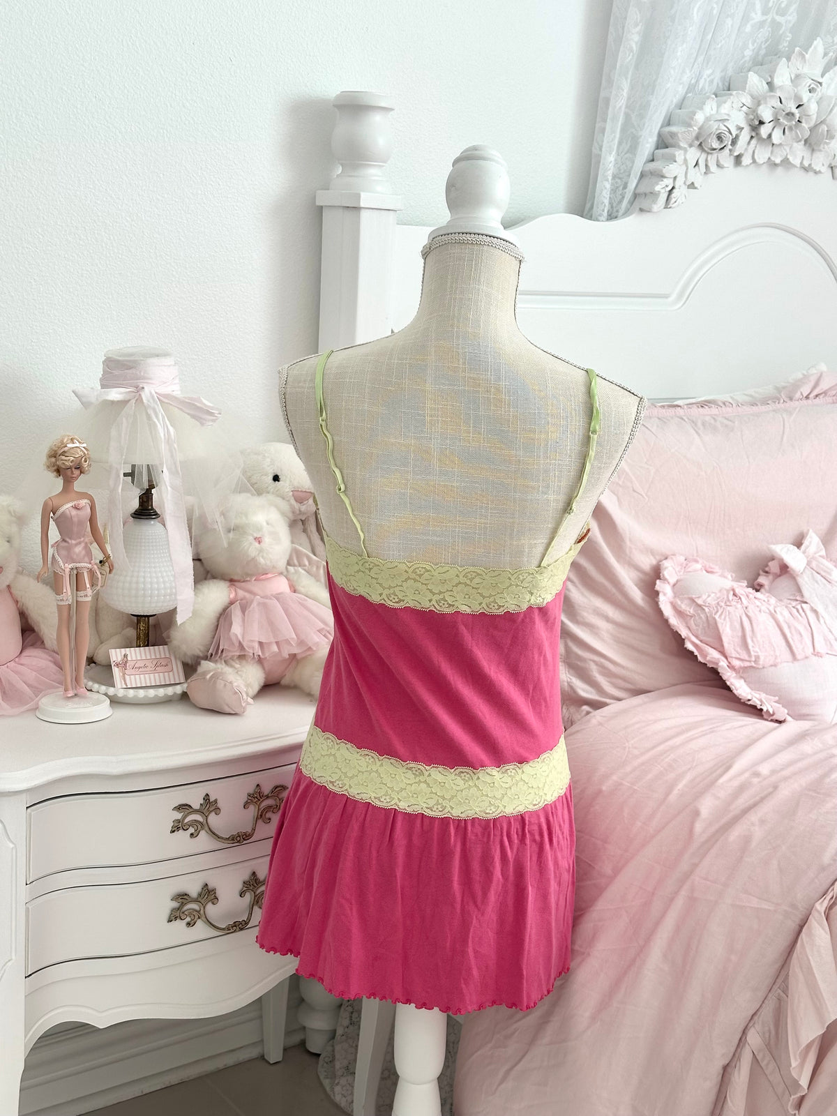 Vintage 2005 Victoria’s Secret Hot Pink & Green Lace Babydoll Dress Size M