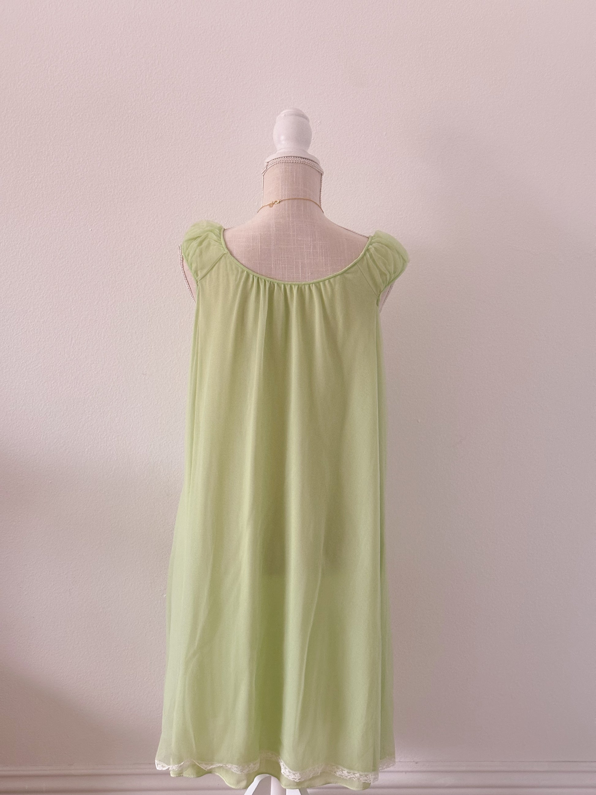 1950's peignoir green robe and slip dress set with puff sleeves