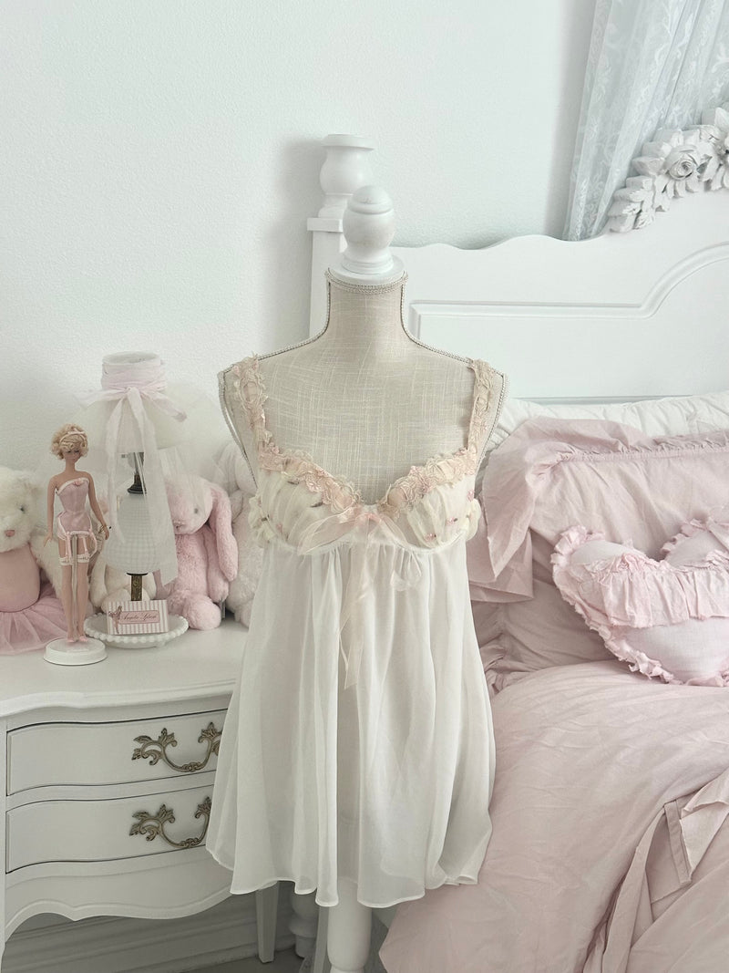 Vintage Delicates White Sheer Babydoll Slip Dress Size M