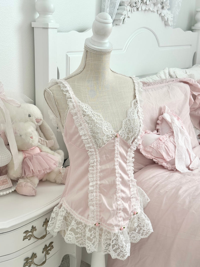 Vintage 1980s Tosca Pink Satin & White Lace Cami Top S/M