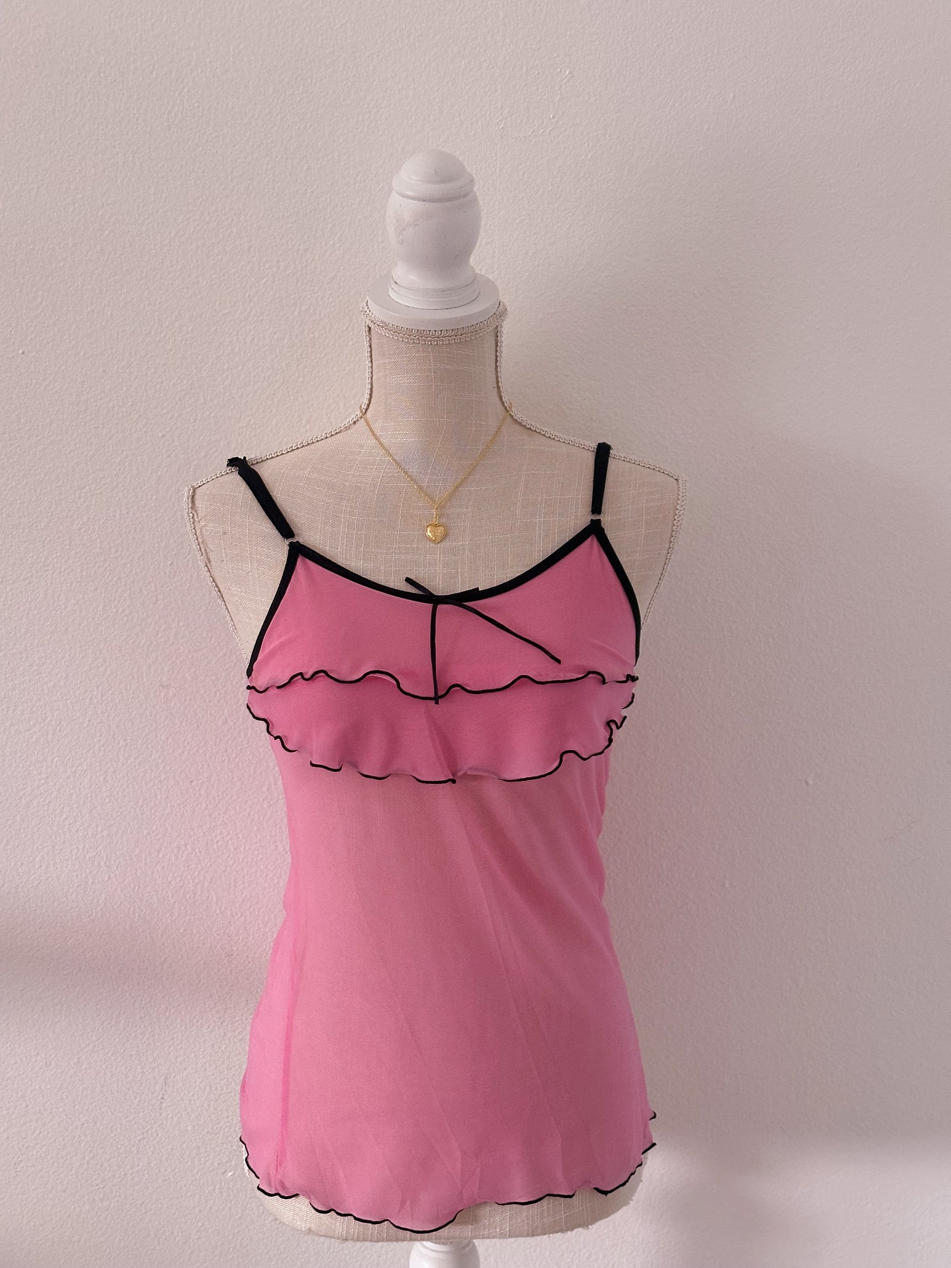 Vintage pink and black trim cami ruffle top size: S