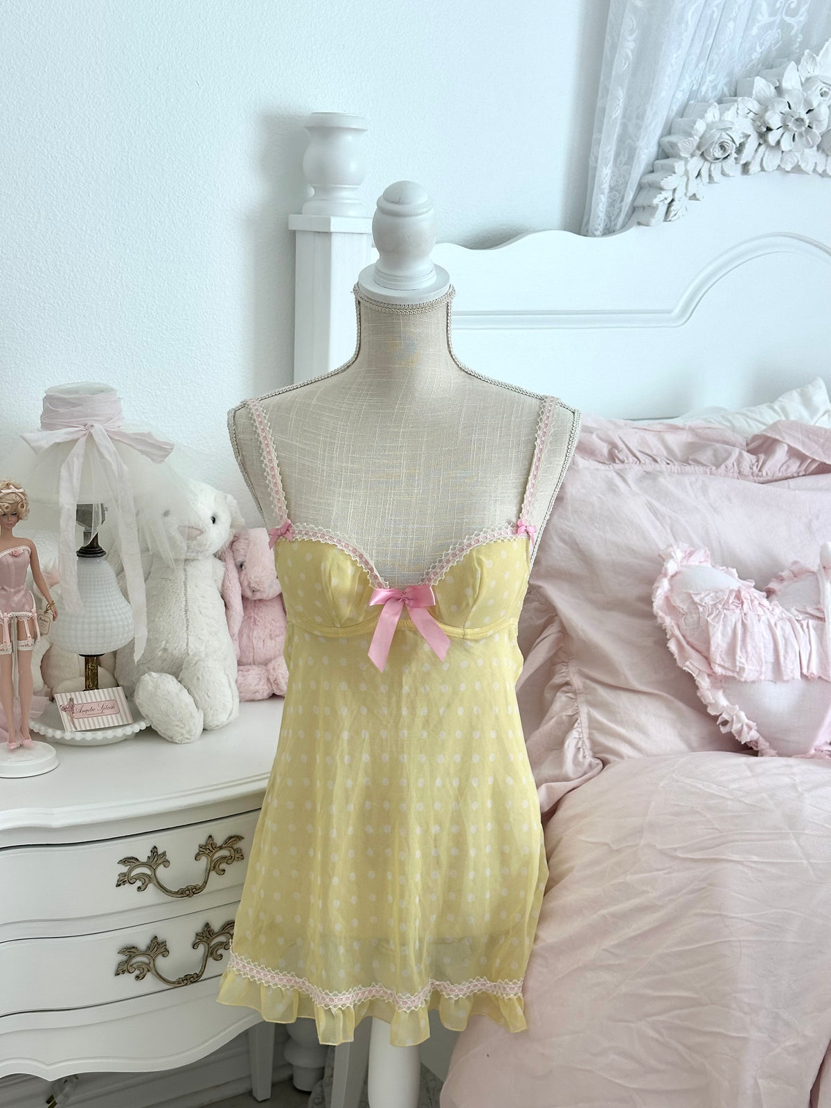 Vintage La Senza Yellow Polka Dot Babydoll Slip Dress Size: S