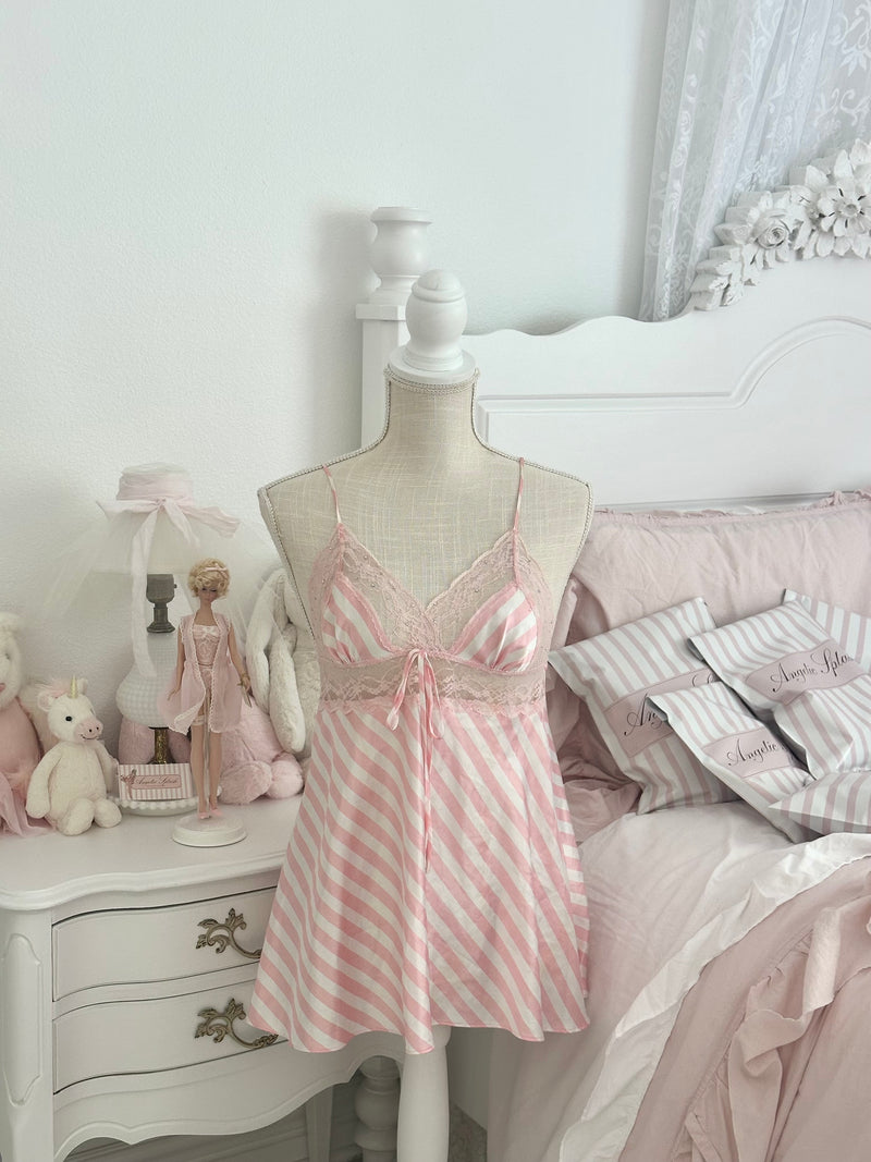 Vintage 2011 Victoria’s Secret Pink & White Stripe Lace Crystal Babydoll Size: S