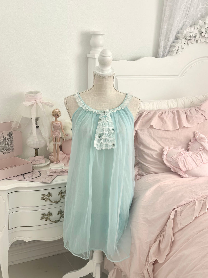 Vintage 1950s Baby Blue Sheer Nylon Nightgown Size S