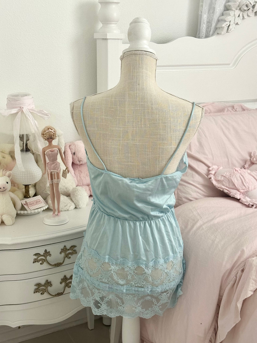 Vintage 1980s Blue Satin & Lace Mini Slip Dress Size: M