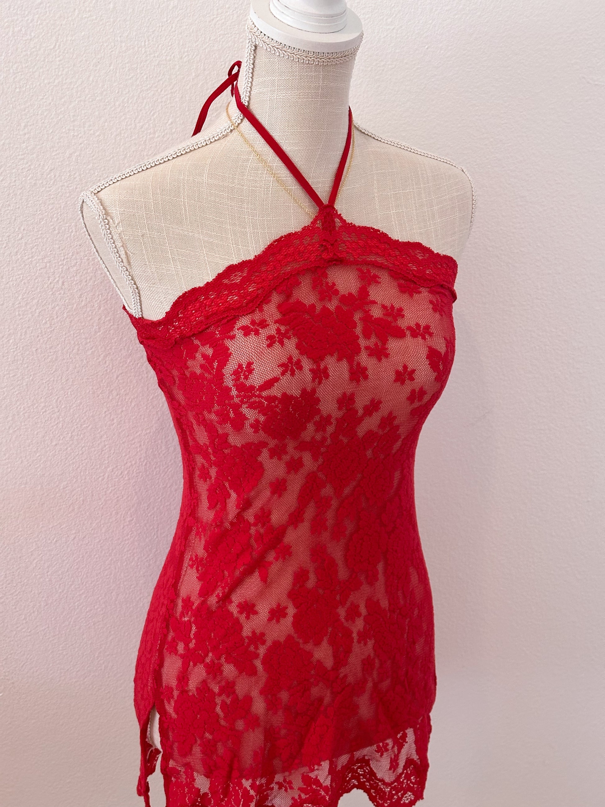Vintage red Victoria's Secret lace halter dress two piece set Size: XS