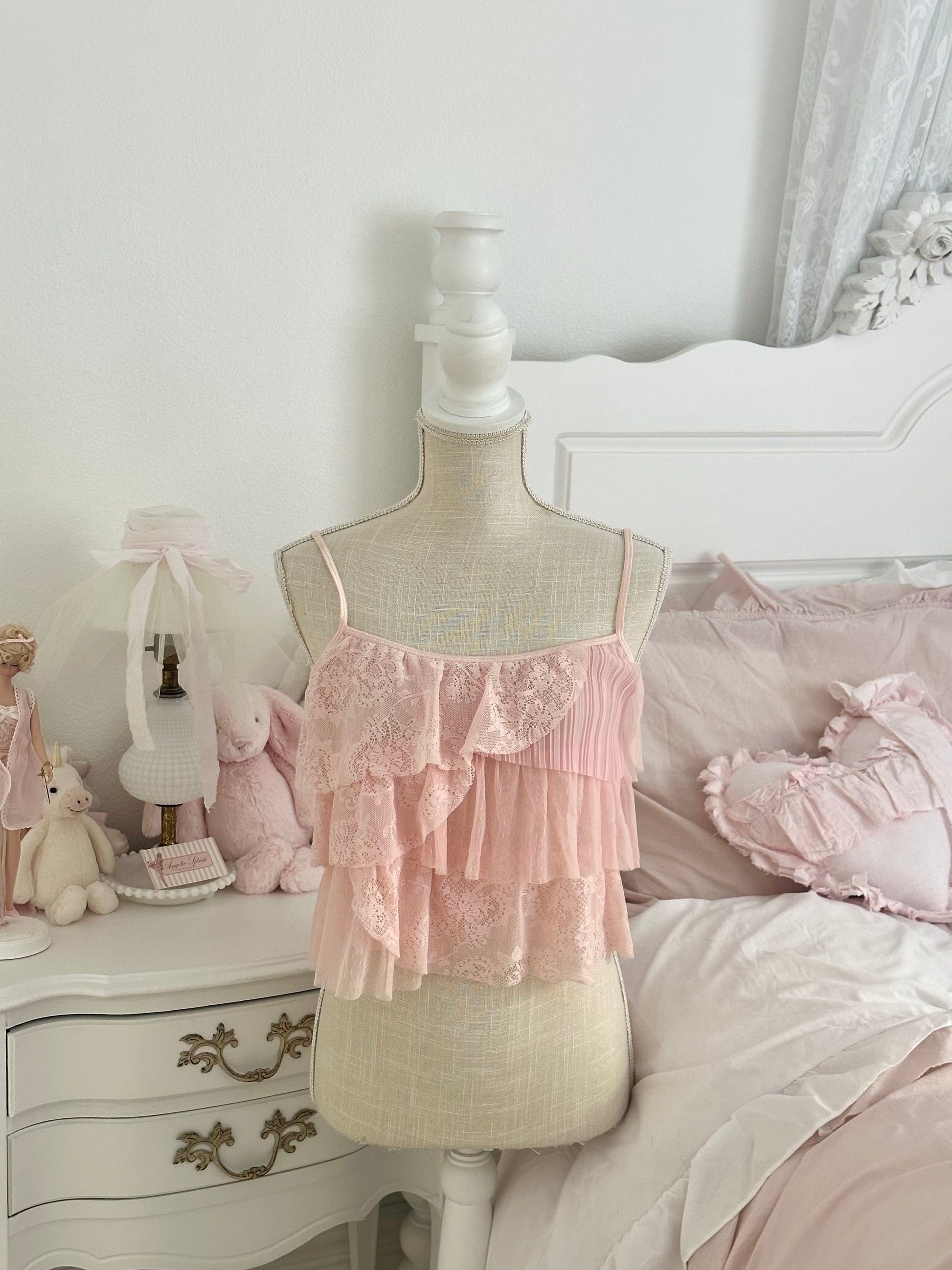 Pink shabby chic Vintage VS ruffle top from 2005 size M with abstract fabrics. Super cute