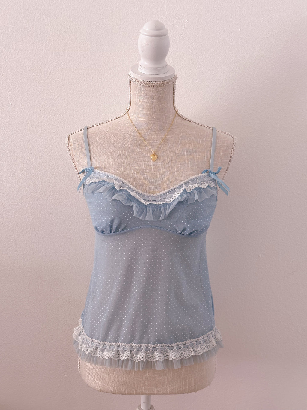 Vintage blue ruffle sheer polka dot cami top size: S