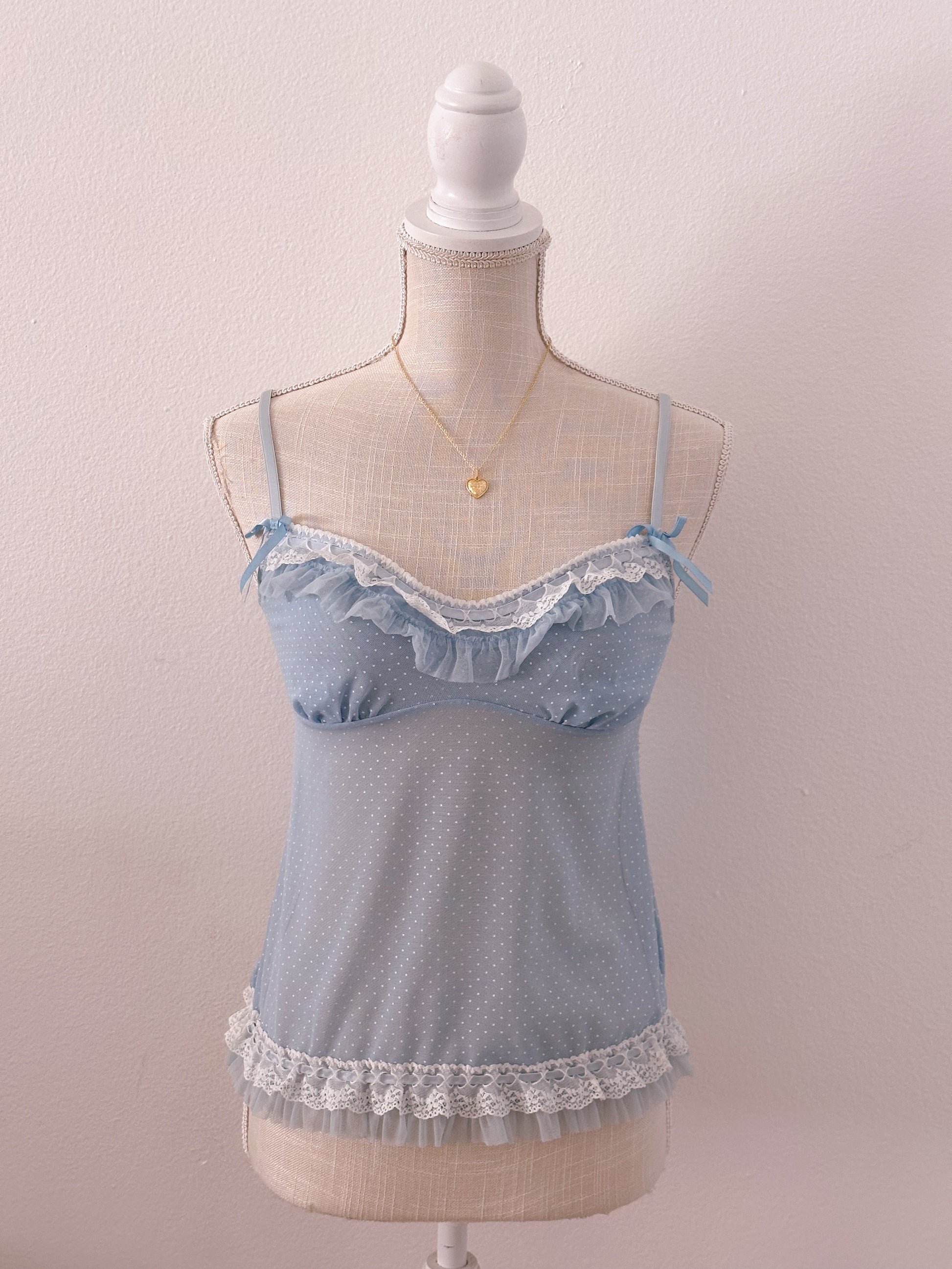 Vintage blue ruffle sheer polka dot cami top size: S