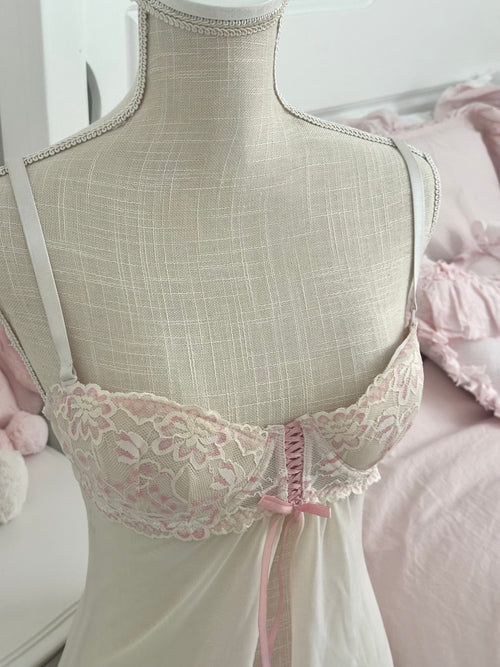 2000s Native Intimates White & Pink Floral Sheer Babydoll Top Size: 34C