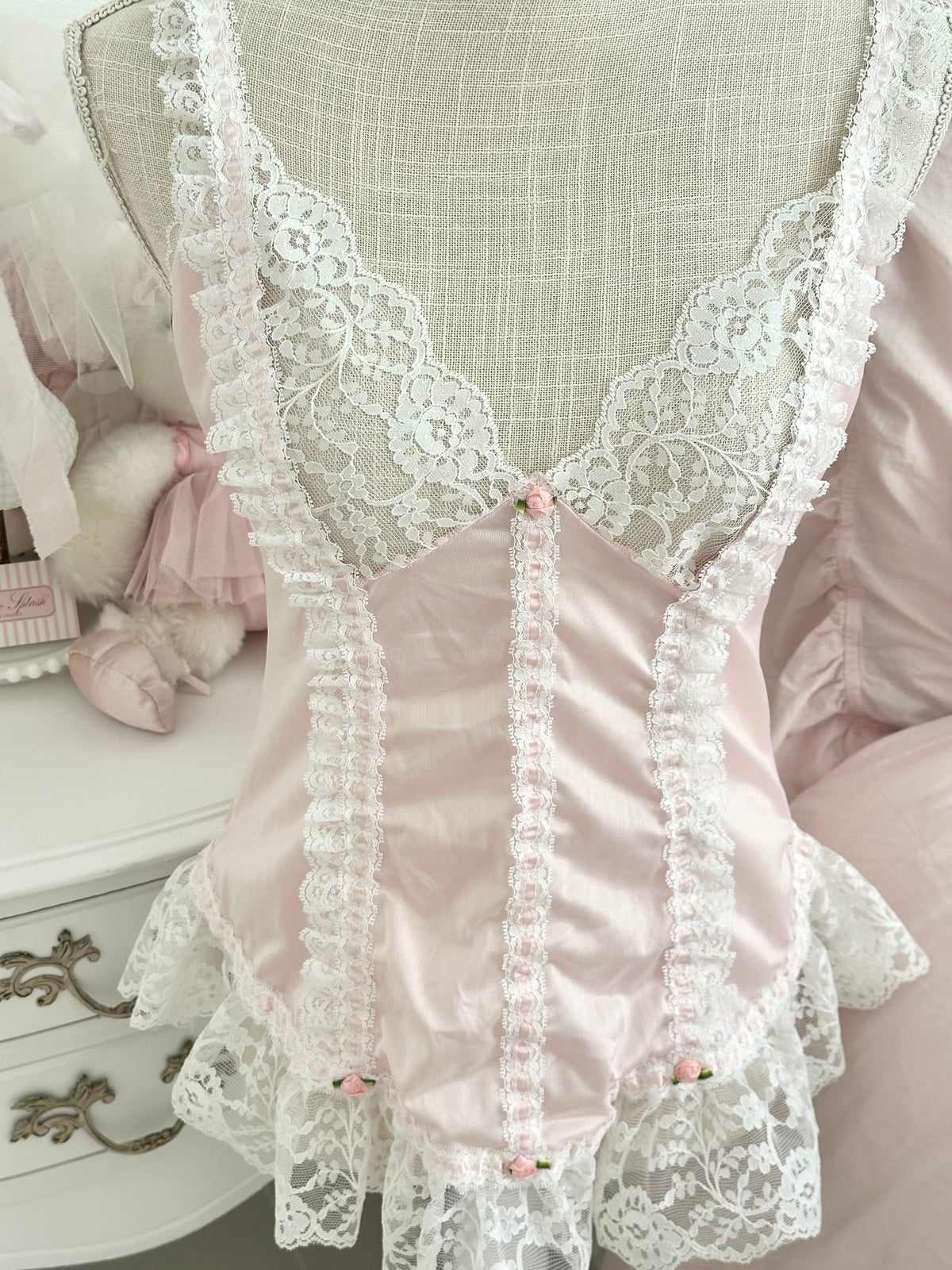 Vintage 1980s Tosca Pink Satin & White Lace Cami Top S/M