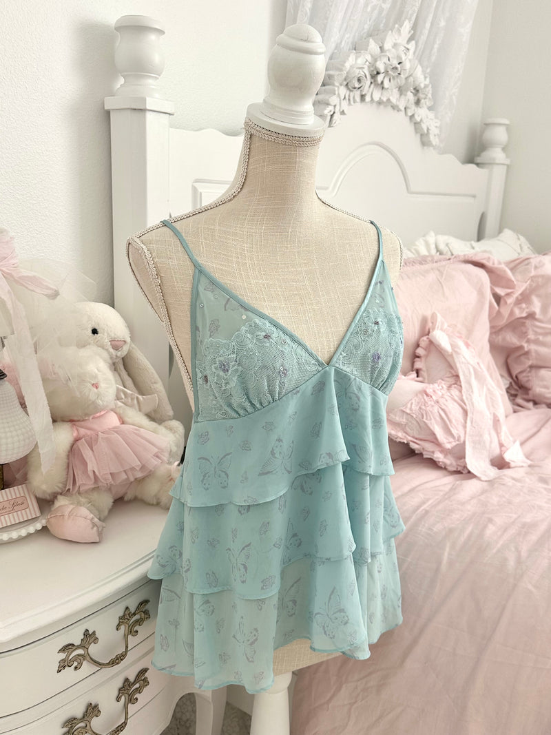 Vintage 2004 Victoria’s Secret Blue Butterfly Ruffle Cami Top Size L
