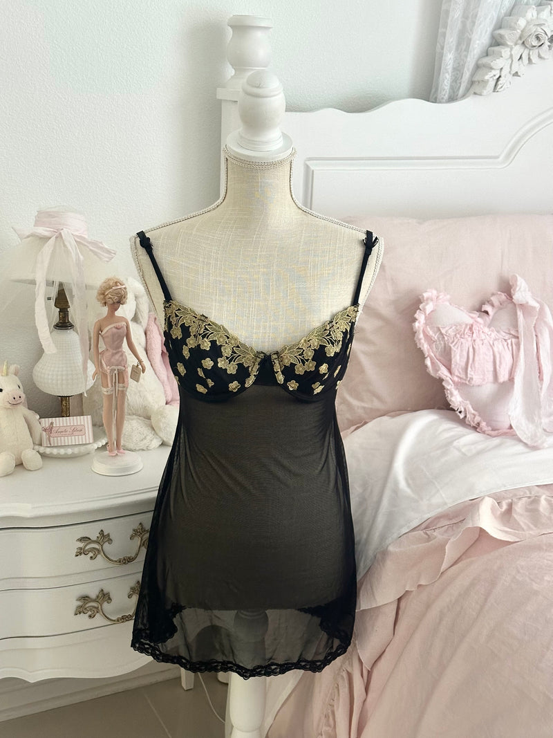 Vintage 1997 Victoria’s Secret Runway Black & Gold Nightgown Size: 36B
