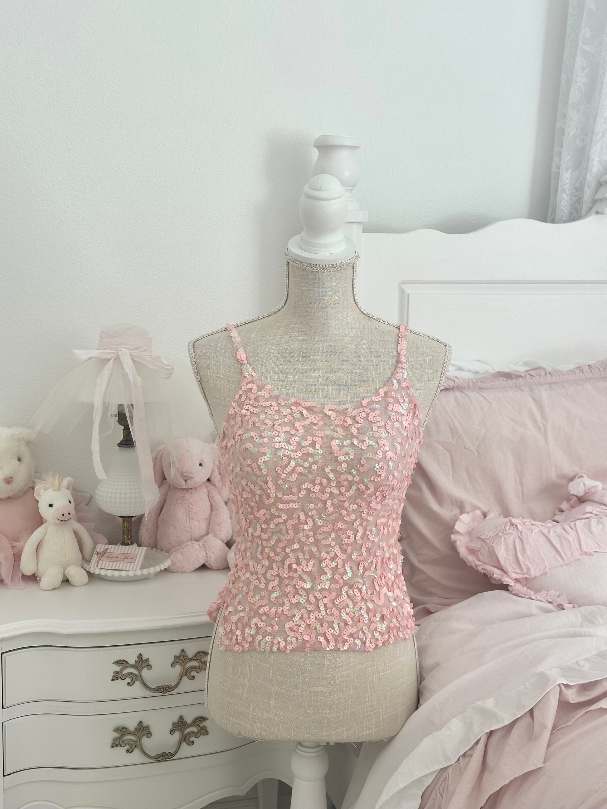 Vintage Y2K Pink Sequin tell Sheer cami Top Size: M