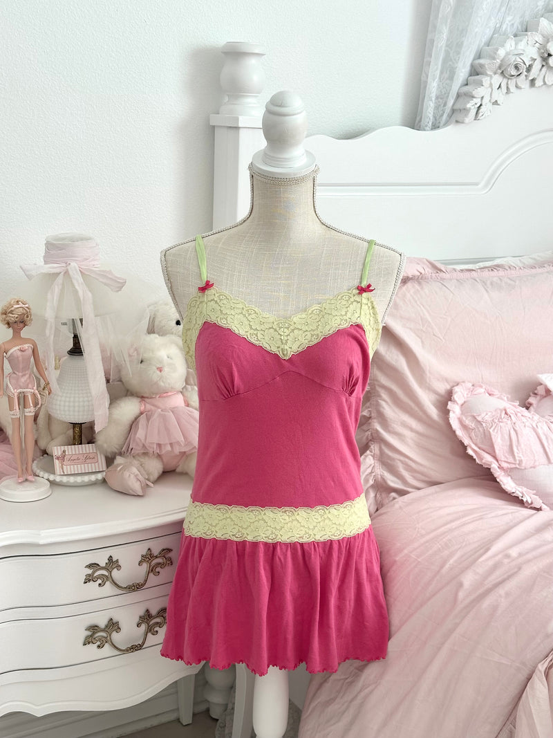 Vintage 2005 Victoria’s Secret Hot Pink & Green Lace Babydoll Dress Size M