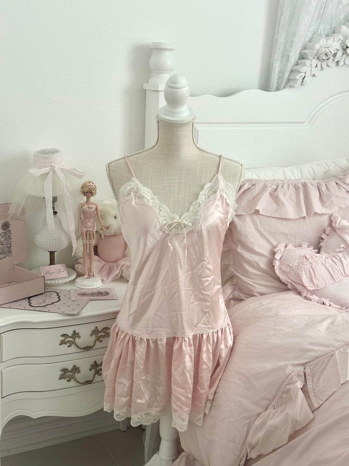Vintage Kathryn Pink Satin Babydoll Slip Dress Size M