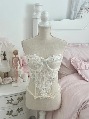 Vintage 1980s Victoria’s Secret White & Blue Floral Sheer Corset Top Size: 36