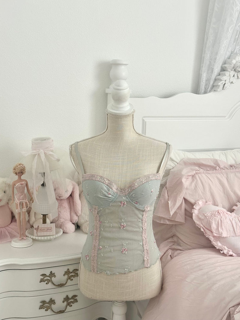 Vintage 2005 Victoria’s Secret Blue & Pink Floral Embroidered Bustier Cami Top 34C (READ)