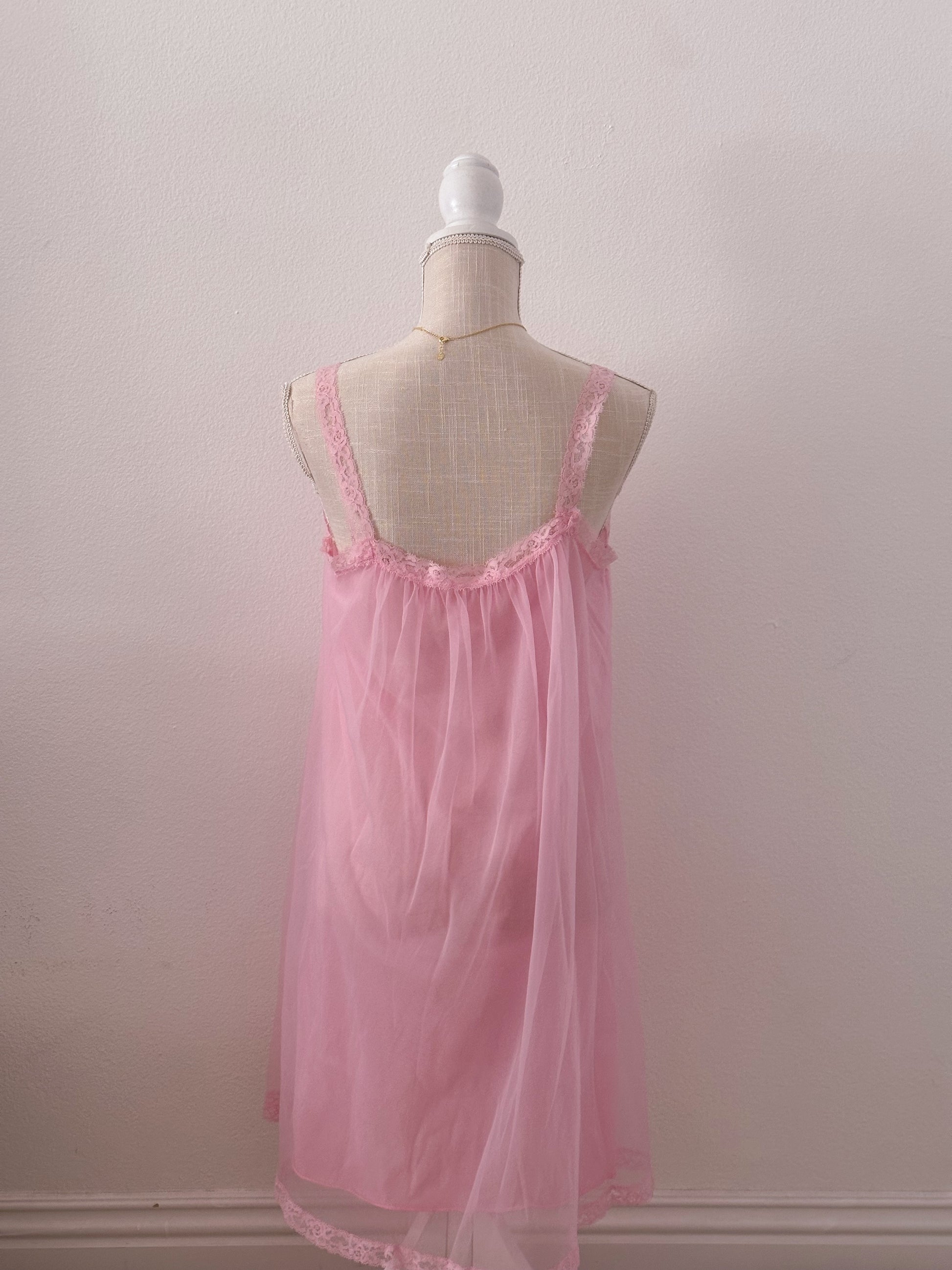 Vintage 1950s pink sheer baby doll nightgown slip dress Size: M