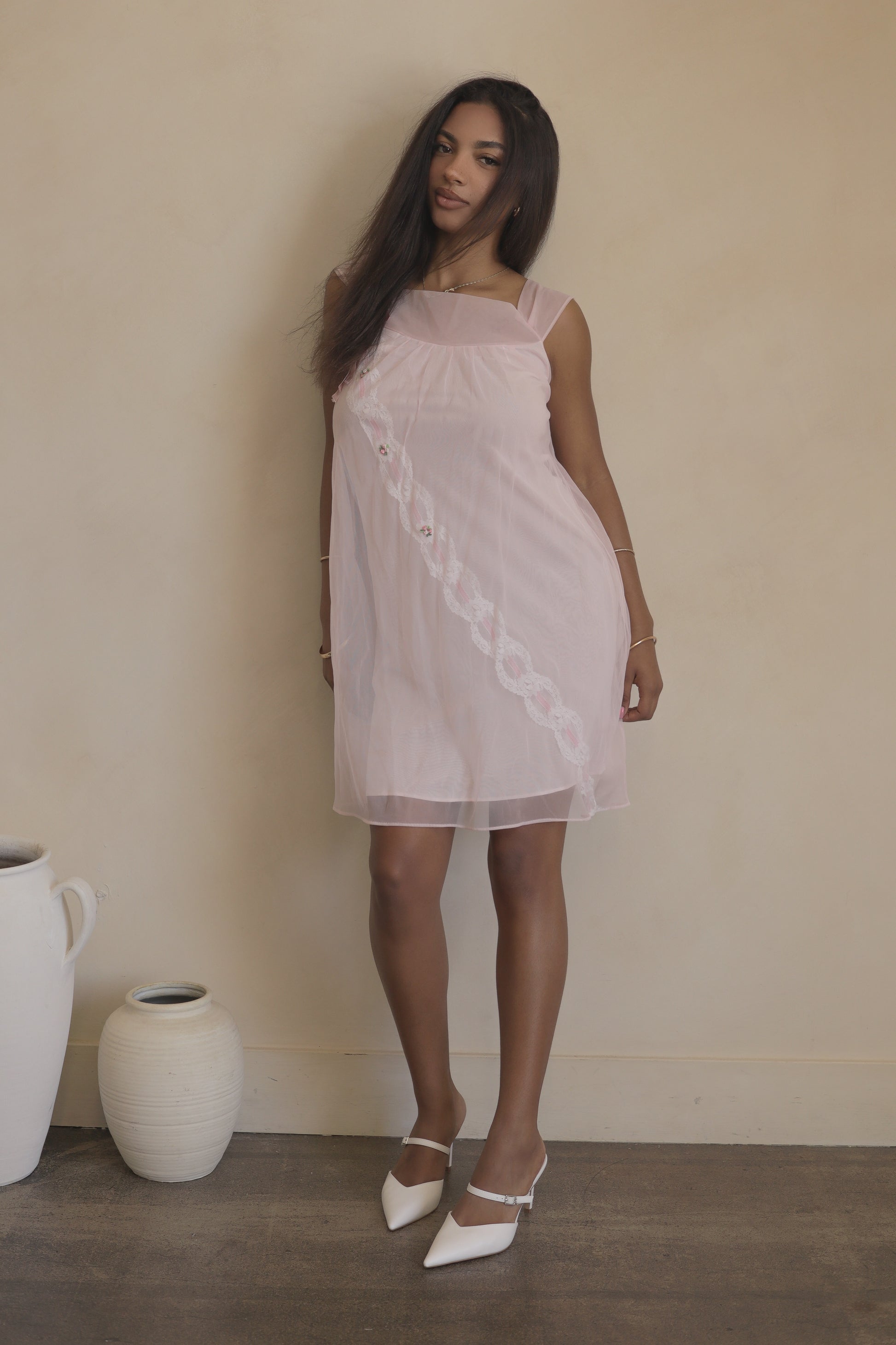 Vintage 1960s Peignoir Pink Nylon Nightgown Size: S