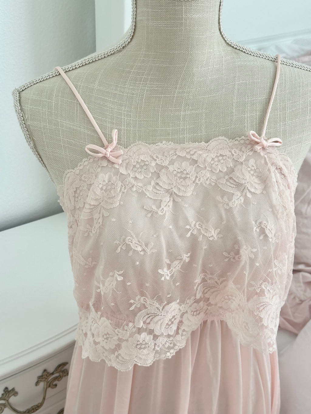 Vintage 1970s Deena Pink Maxi Dress with Lace & Bows Size: L