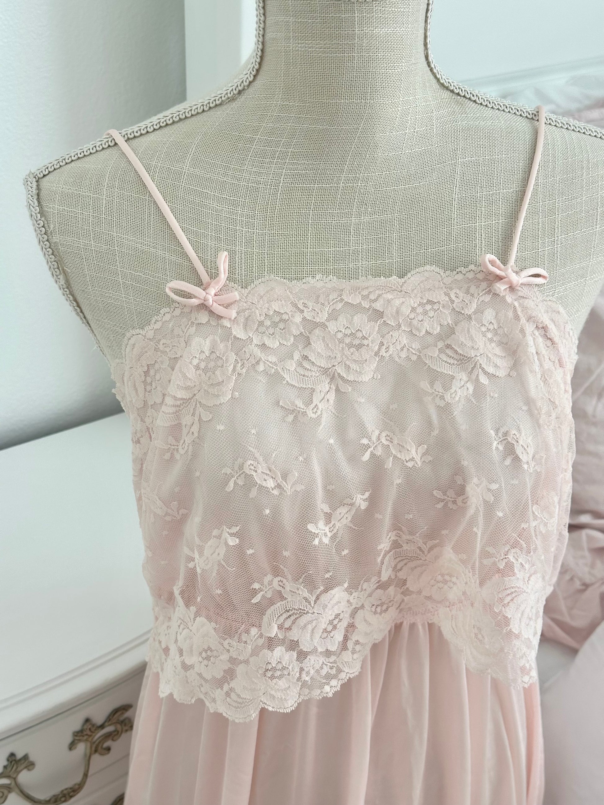 Vintage 1970s Deena Pink Maxi Dress with Lace & Bows Size: L