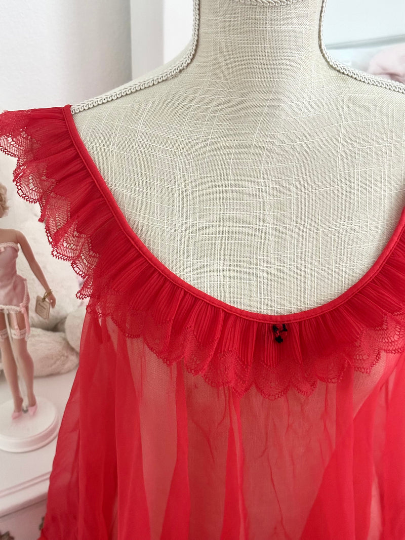 Vintage 1960s Made in USA Red Sheer Lace Ruffle Babydoll Top Size: M