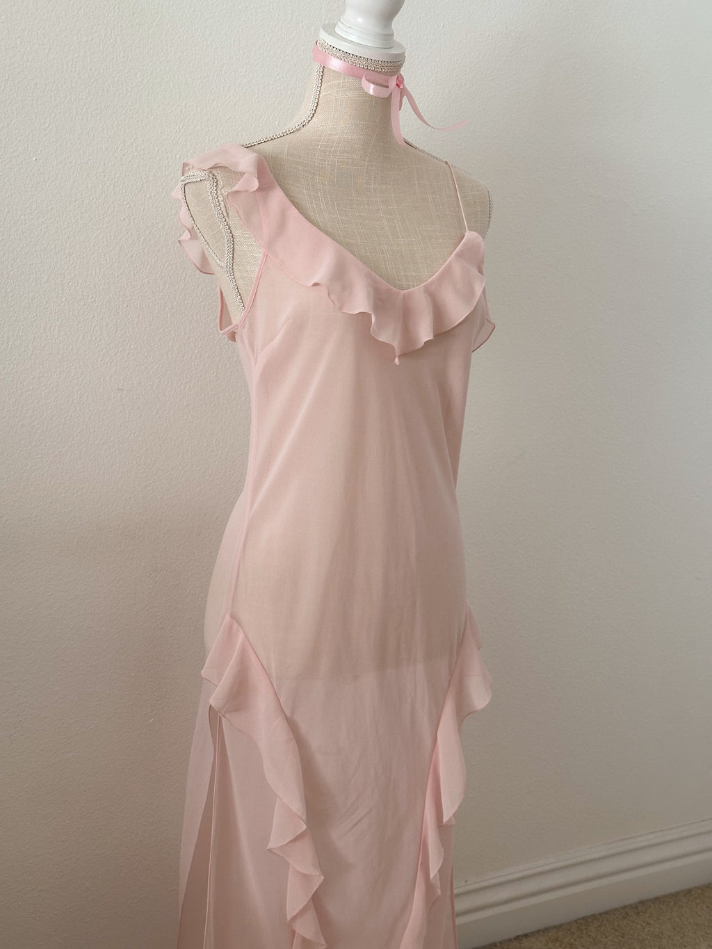 Vintage Victoria's Secret maxi long sheer mesh pink slip dress nightgown from 2004