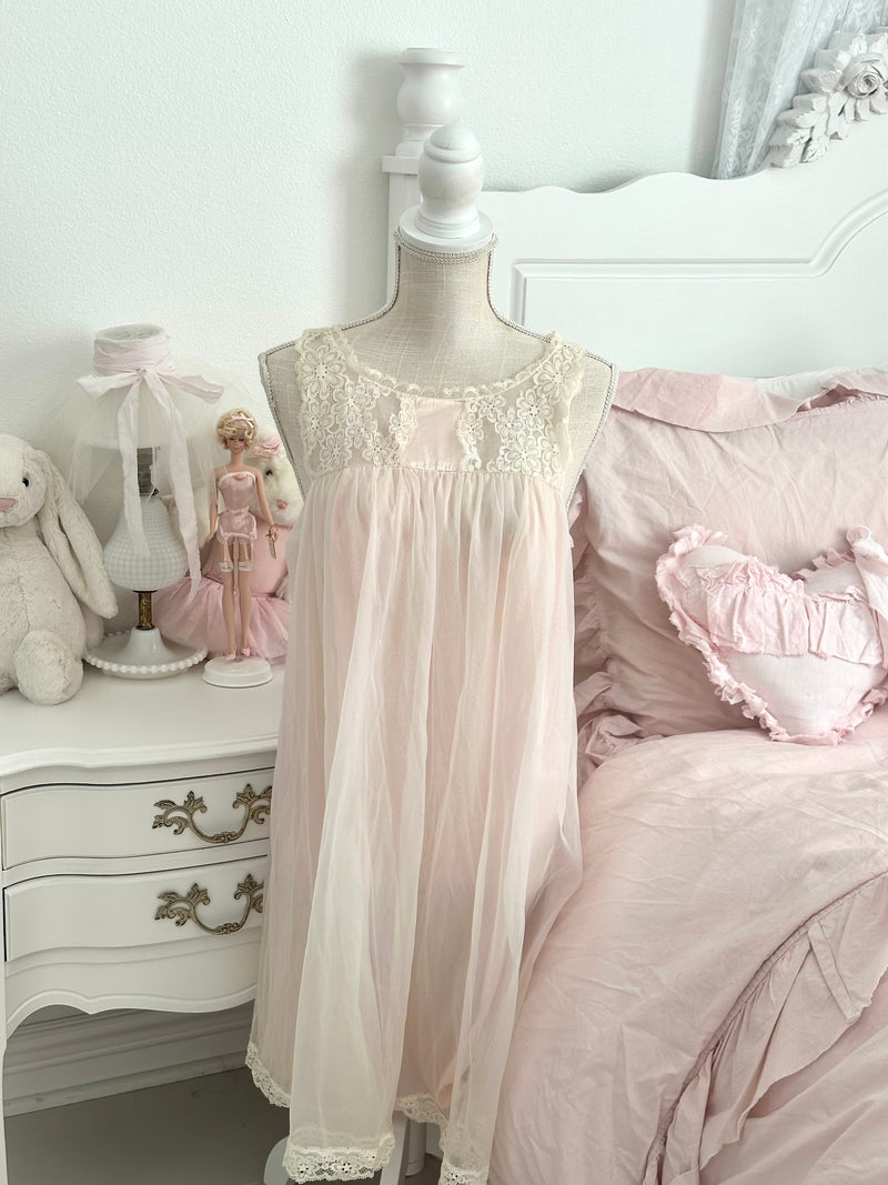 Vintage 1960s Vanity Fair Pink Sheer Nylon Nightgown Size M
