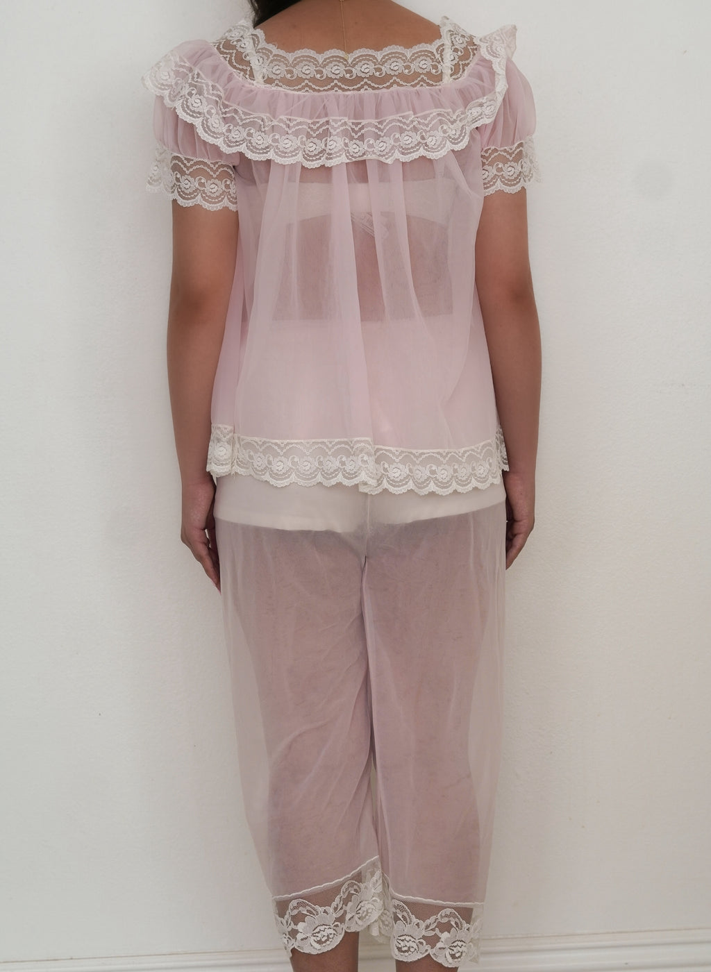 Authentic 1950s Pink Sheer Nylon Babydoll & Pants Peignoir Set Size: S
