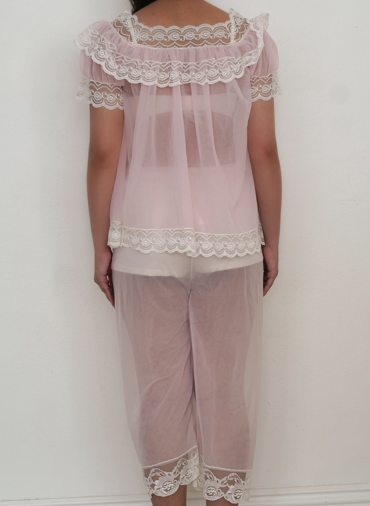 Authentic 1950s Pink Sheer Nylon Babydoll & Pants Peignoir Set Size: S